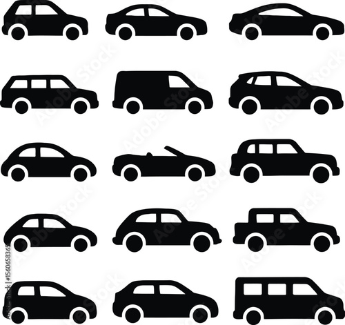 Vector Silhouettes of Various Car Types – Isolated Black Vehicle Outlines on White Background