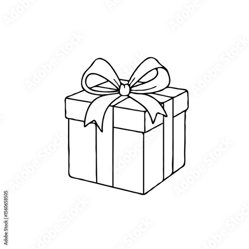 Simple hand drawn outline of a gift box with a bow and ribbon