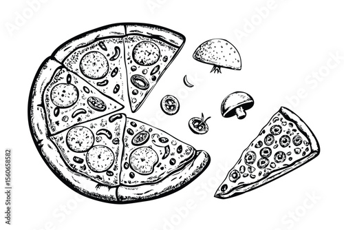 Pizza Vector Engraving Set. Detailed Monochrome Illustrations of Italian Fast Food. Vintage Culinary Style