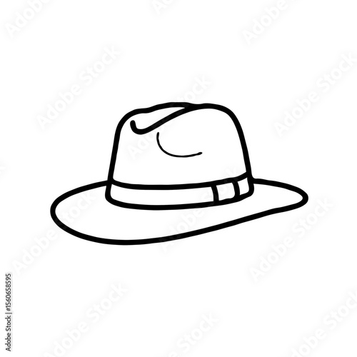 Simple black and white line drawing of a fedora hat on a white background