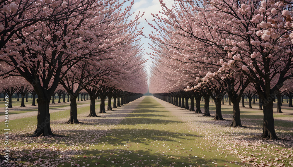 Naklejka premium Blossoming Cherry Tree Pathway with Petal-Covered Ground – Tranquil Springtime Symmetry Scene