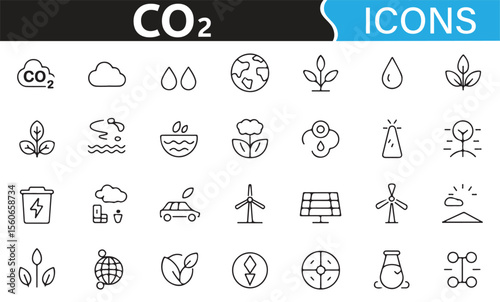 Line art symbols representing global sustainability, climate, and green energy.