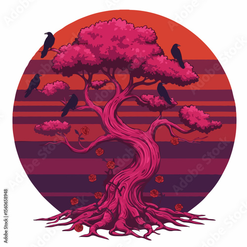 Mysterious pink tree with crows and roses against a striped sunset background