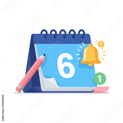 A clear illustration: blue desk calendar with "6", ringing bell, and notification badge (1), symbolizing a reminder, alert, or important event. A pink pencil hints at planning.