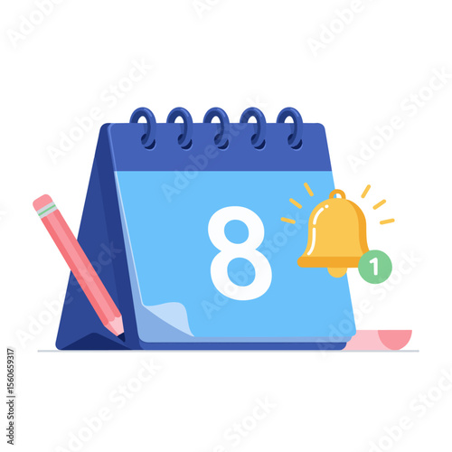 Calendar Reminder and Event Notification for Date 8. Blue desk calendar with date 8, a ringing bell, and notification, symbolizing a reminder, alert, or important event. A pink pencil at planning