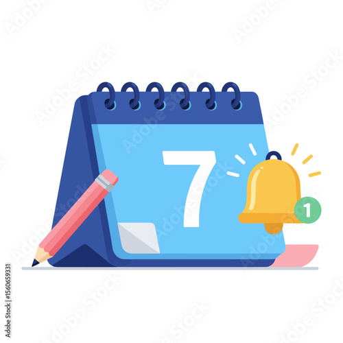 Calendar Reminder and Event Notification for Date 7. Blue desk calendar with date 7, a ringing bell, and notification, symbolizing a reminder, alert, or important event. A pink pencil at planning
