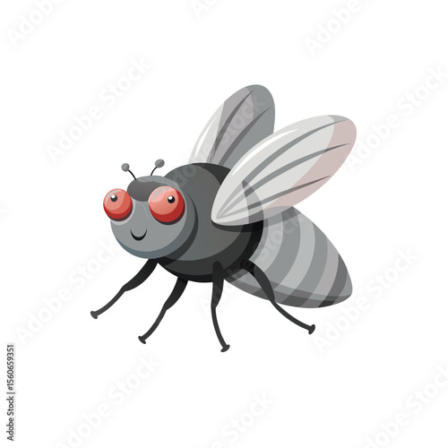 Cartoon fly character standing prominently against a star isolated on white background