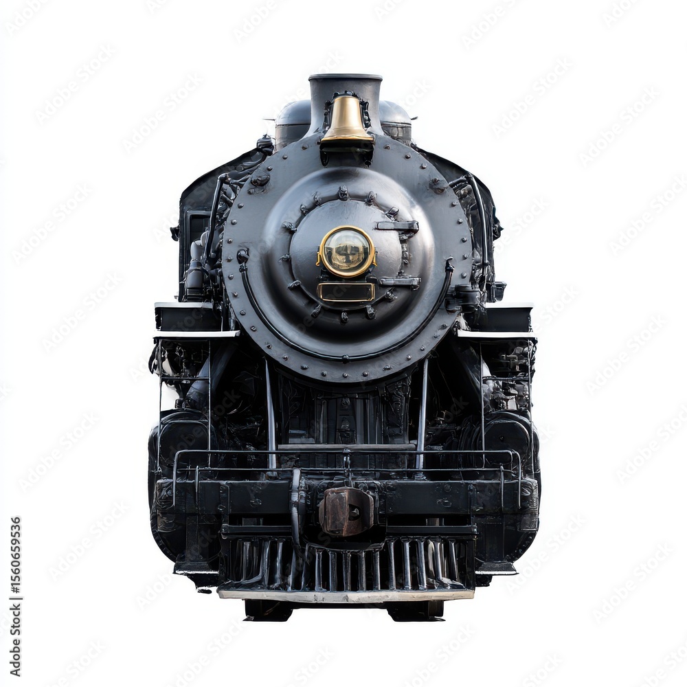 Fototapeta premium Front view of a classic black steam locomotive with a brass bell isolated on white background