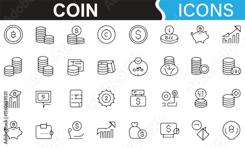 A set of financial and currency icons, featuring coins, bills, savings, investments, and money-related symbols to represent finance, banking, and economic transactions.
