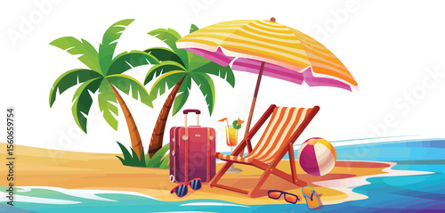 Tropical Island Beach Vacation Scene with Luggage