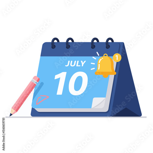 Calendar Reminder and Event Notification for Date 10. Blue desk calendar with date 10, a ringing bell, and notification, symbolizing a reminder, alert, or important event. A pink pencil at planning