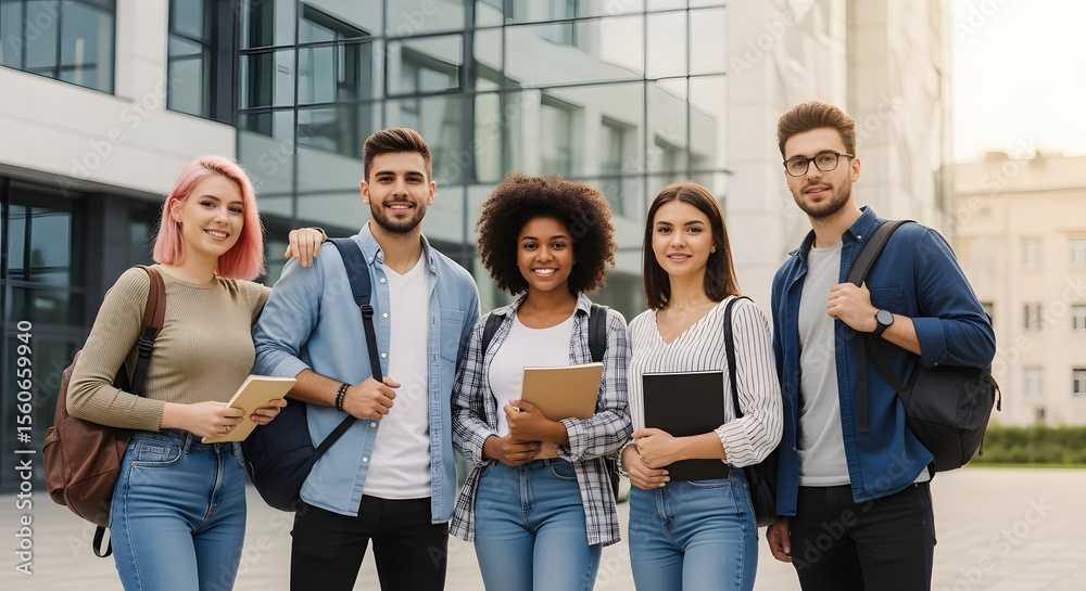 Fototapeta premium Group of Diverse Young Students Standing Outside Modern Glass Building