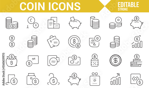 Set of finance and coin-related icons for illustrating business, wealth, and financial transactions.