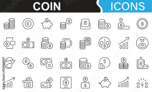 Icons representing various aspects of finance, including coins, savings, and transactions.