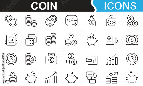 Collection of money, coin, and currency symbols ideal for financial and banking themes.
