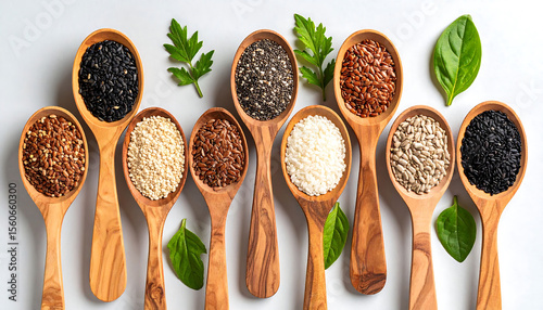 Assorted Seeds in Wooden Spoons with Green Organic Leaves