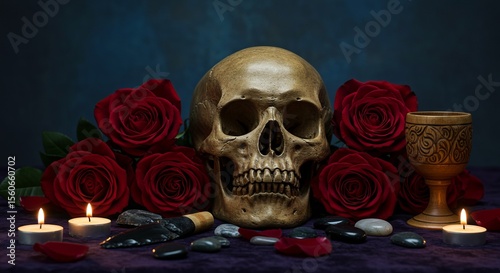 An antique human skull lies among red roses. A pagan ritual or wiccan altar setup for fortune-telling or occult concept.