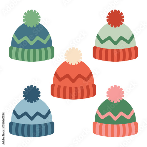 Collection of Colorful Winter Beanies with Pom-Poms