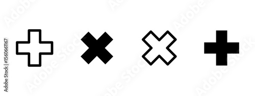 Cross and cancel icon. Plus and X symbols in outlined and filled styles vector illustration. Medical, interface and dialog button symbol. UI and design interaction sign. Multipurpose pictogram.