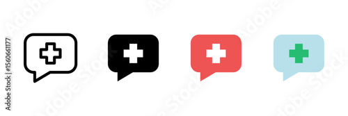 Health message icon. Speech bubble with medical cross vector illustration. Online consultation and healthcare chat symbol. Emergency communication and patient support sign. Digital health pictogram.