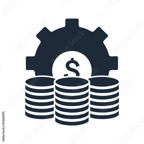 Dark blue gear symbol above stacked coins with dollar sign business finance