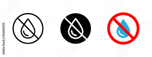 No water icon. Crossed-out water drop fluid restriction vector illustration. Used for leak prevention and moisture control symbol. Common in waterproof zones and dry areas sign. Hydration ban.