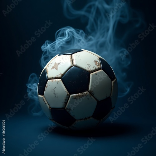 Used soccer ball shrouded in smoke  dramatic lighting
