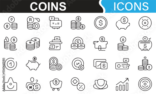 Minimalist financial icons featuring coins, bills, and savings for business use.