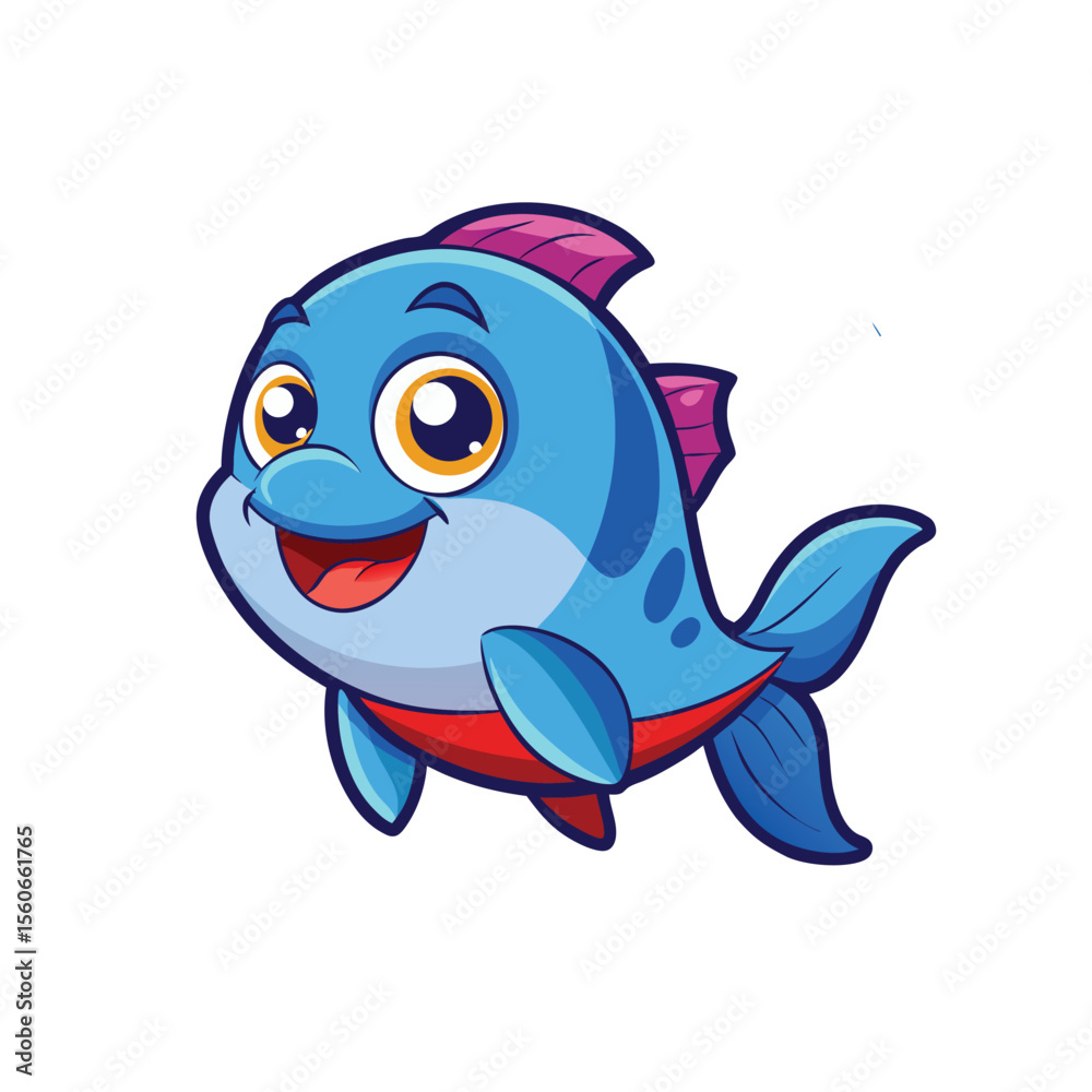 Fototapeta premium Cute cartoon blue fish illustration isolated on white background