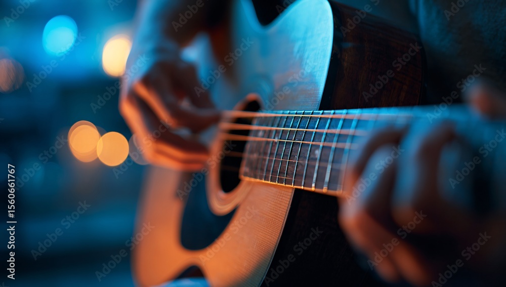 Fototapeta premium Close-Up of Fingers Strumming Acoustic Guitar Strings