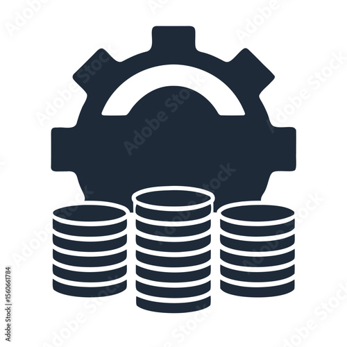 Dark gear symbol above stacks of coins mechanism finance