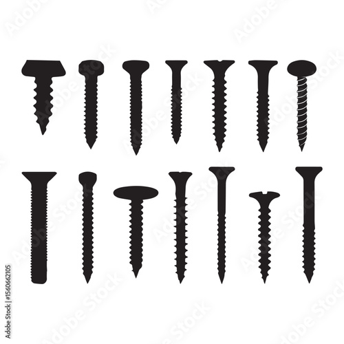 Black Bolt Screw set pack collection Black icon silhouette vector flat illustration design on white background