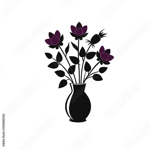 Collection of flower silhouettes in a vase isolated on white background