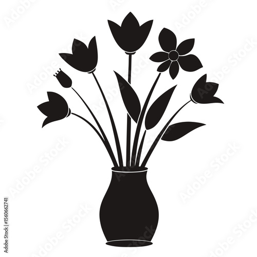 Collection of flower silhouettes in a vase isolated on white background