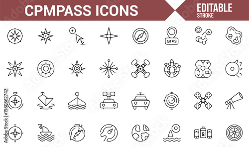 Icons symbolizing travel navigation, including compasses, maps, and location markers.