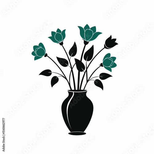 Elegant silhouette of flowers in a vase isolated on white background
