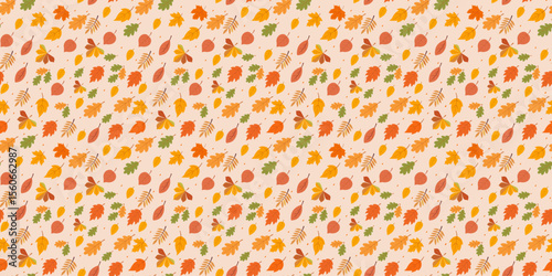Vector seamless pattern with colorful autumn leaves in red, orange, yellow and green tones. Includes editable background layer.