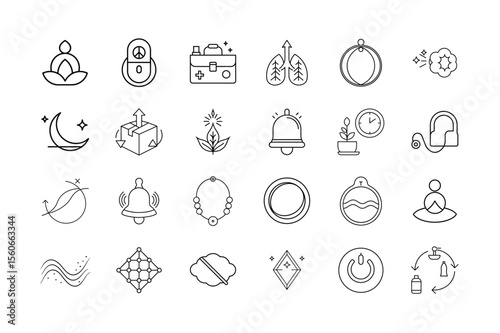 Mental Wellness and Stress Management Icon Set – Meditation, Relaxation, Mindfulness, Breathing, Self-Care, and Emotional Health Symbols