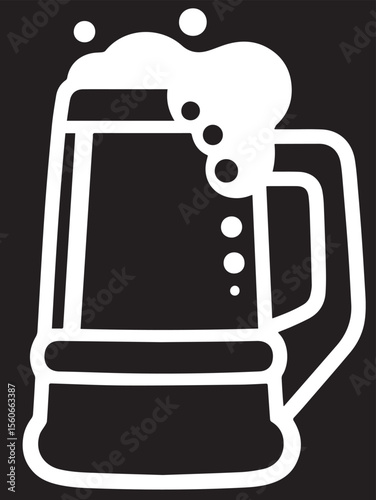 
A bold, white outline of a beer mug with frothy foam and bubbles, set against a black background, symbolizing a refreshing brew.