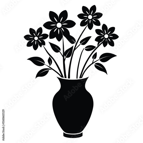 Elegant flowers in a vase silhouette isolated on white background