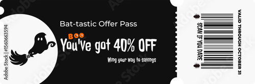Vector Halloween coupon featuring a cartoon ghost flying on a broomstick, 40% discount text, barcode and spooky design, part of spooky coupon collection