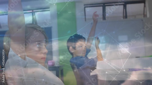 Students raising hands in classroom answering question as network graphic fading in with cloud flow