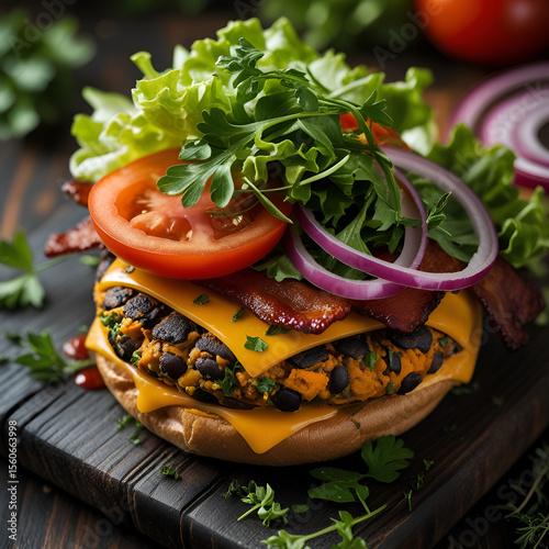 Delicious Veggie Black Bean Burger with Fresh Toppings on a Rustic Board