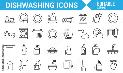 Dishwashing and kitchen cleaning icons for representing household cleaning tasks and hygiene.