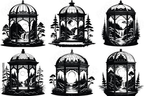  silhouetted gazebos featuring waterfall and mountain landscapes under a moon