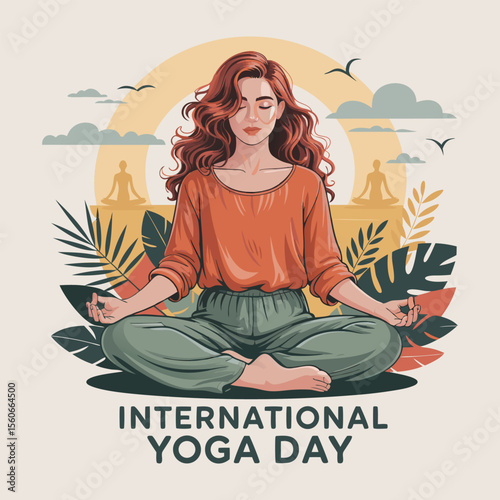 Serene woman with long red hair practices yoga, sitting in lotus position amidst tropical leaves, celebrating International Yoga Day.