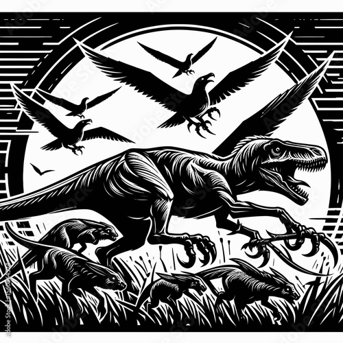 Raptor Pack Hunting Together in the Prehistoric Wild