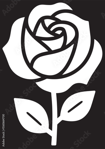 
A stylized white silhouette of a single rose with a stem and two leaves, featuring intricate petal details, set against a dark black background.rint