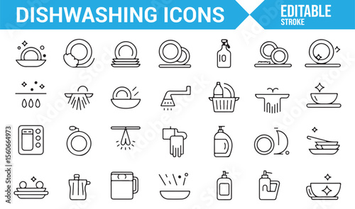 Collection of symbols for household dishwashing, from washing dishes to drying with a dish rack.