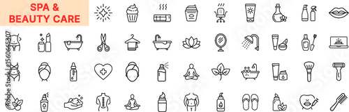 Spa and Beauty Care Line Icon Design Featuring Skincare Bottles, Bathtubs, Cream Jars, Lipstick, Scissors, Towels, Aromatherapy, Yoga, Face Masks, Lotions, Flip-Flops, Leaves, and Relaxation Tools